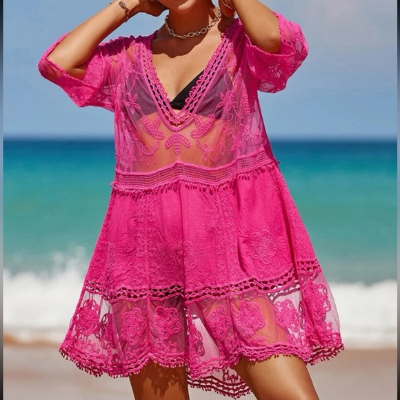 Boho floral embroidered beach cover up - Picture 1 of 6